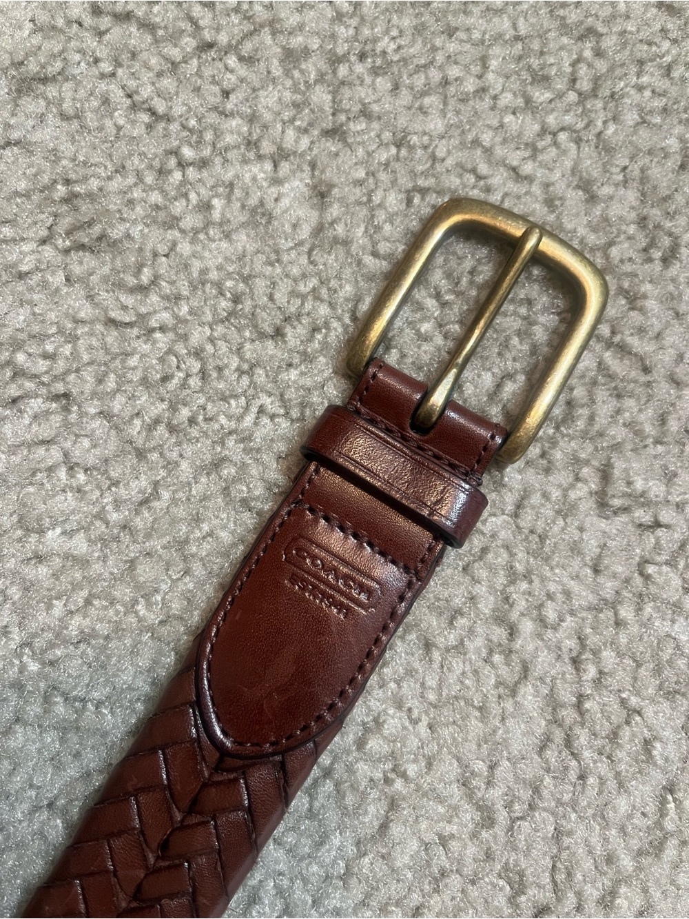 Coach Men's Woven Leather Belt in Chestnut Brown with Brass Buckle